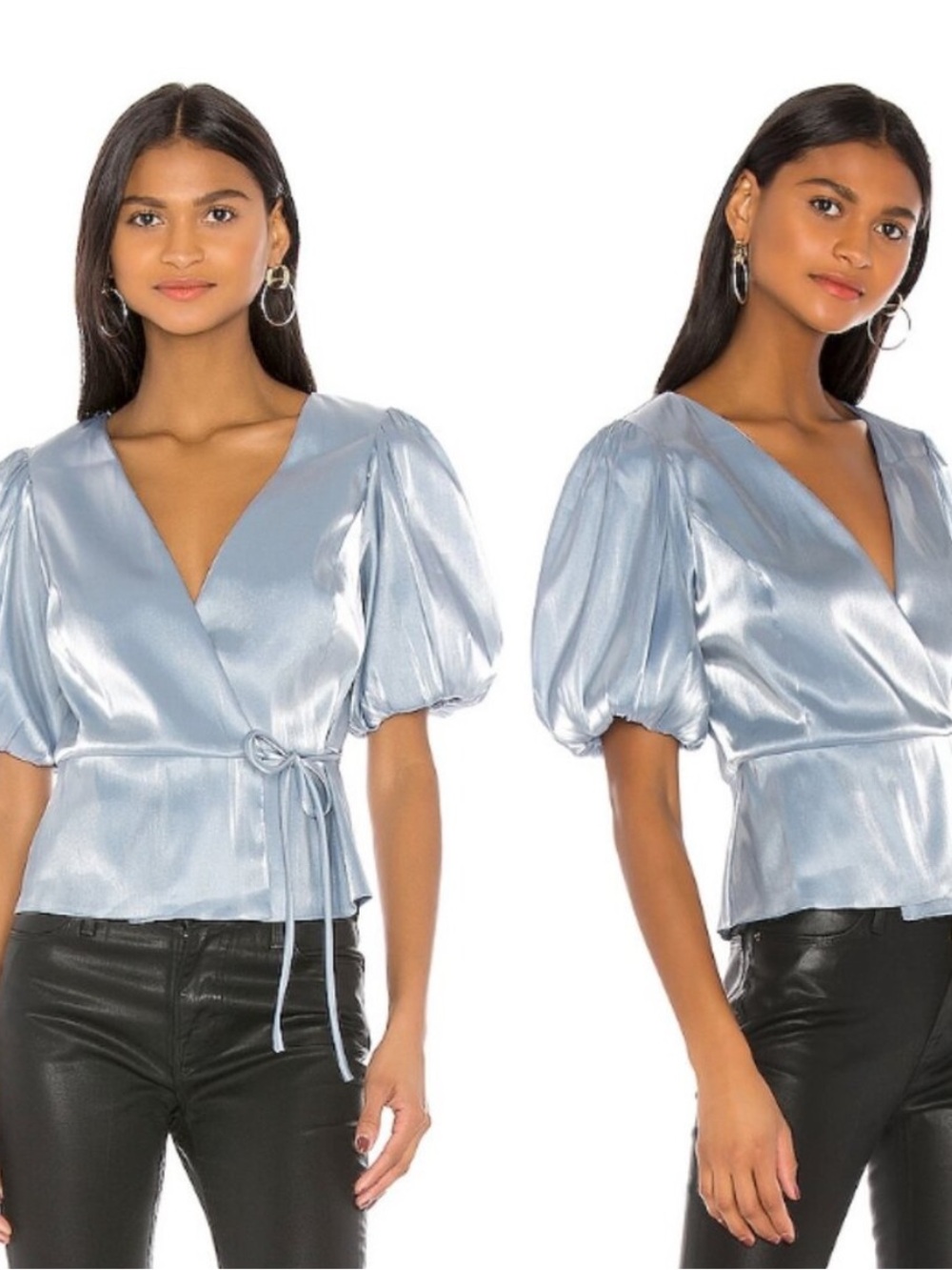 Amanda Uprichard Maggie Wrap tie Blouse in icy blue puff sleeves size small